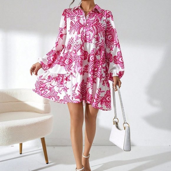 . Dresses & Skirts - Pink Boho Womens Floral Print Ruffle Hem Smock Dress Without Belt